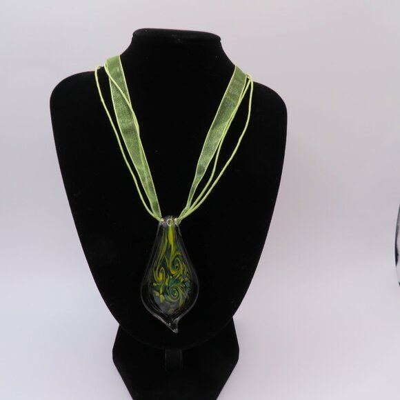 Art Glass Pendant on Ribbon Cord with Extender Chain - Picture 1 of 8